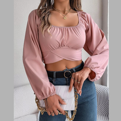 Elegant Ruched Long Sleeve Crop Blouse