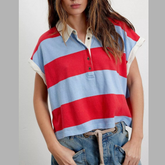 Half Button Striped Short Sleeve Cropped Polo Shirt