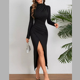 Mock Neck Long Sleeve Ruched Slit Midi Dress