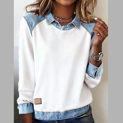 Full Size Denim Trim Long Sleeve Top Plus Size