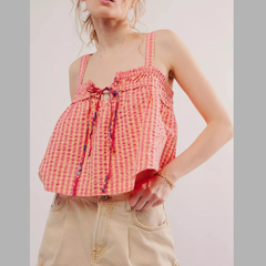 Smocked Gingham Tie-Front Cami