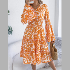 Floral Print Smocked Ruffle Hem Flared Sleeve Dress