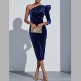 Elegant Velvet One-Shoulder Midi Dress