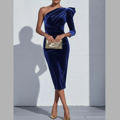 Elegant Velvet One-Shoulder Midi Dress