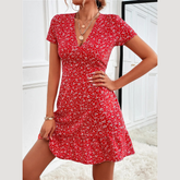 Printed Ruffled Hem V-Neck Short Sleeve Mini Dress