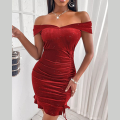 Sparkly Velvet Off-Shoulder Ruched Bodycon Dress