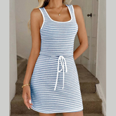 Striped Knitted Mini Dress with Drawstring
