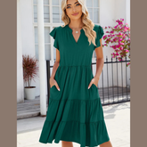 Ruched Notched Cap Sleeve Dress