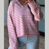 Button Detail Dropped Shoulder Striped Sweater