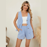Plaid V-Neck Sleeveless Top and Shorts Set