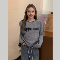 Letter Contrast Trim Round Neck Sweater