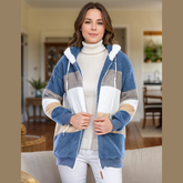 Full Size Drawstring Color Block Zip Up Hooded Outerwear