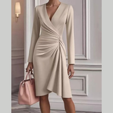 Front Ruched V-Neck Long Sleeve Dress
