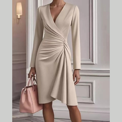 Front Ruched V-Neck Long Sleeve Dress