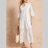 Eyelet Notched Tiered Midi Dress