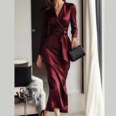 Satin Wrap Long Sleeve Midi Dress