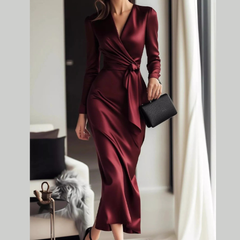 Satin Wrap Long Sleeve Midi Dress