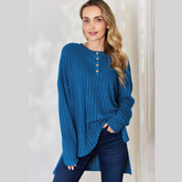 Basic Bae Full Size Ribbed Half Button Long Sleeve High-Low T-Shirt