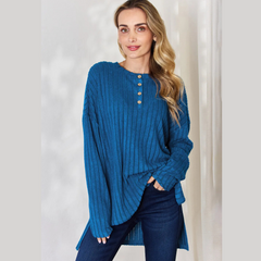 Basic Bae Full Size Ribbed Half Button Long Sleeve High-Low T-Shirt