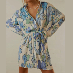 Tie-Waist Buttoned Long Sleeve Midi Dress