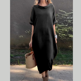 Full Size Casual Loose Fit Round Neck Midi Dress Plus Size