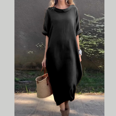 Full Size Casual Loose Fit Round Neck Midi Dress Plus Size