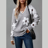 Floral V-Neck Knit Long Sleeve Sweater