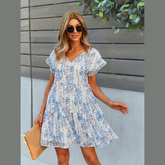 Floral Print V-Neck Ruffle Tiered Summer Mini Dress