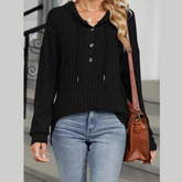 Casual Ribbed Knit Button Detail Hoodie