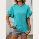 Eyelet Round Neck Flounce Sleeve Top