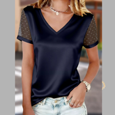 Polka Dot Mesh Sleeve Satin Short Sleeve Top