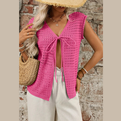 Tied Front Openwork V-Neck Knit Top