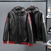 Winter Three Bars Hooded Leather Coat Men