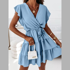 Ruffle Sleeve Tie Waist Tiered Mini Dress