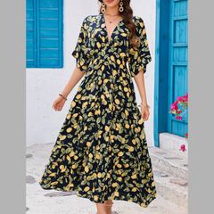 Printed V-Neck Ruffle Hem Flowy Midi Dress
