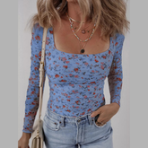 Floral Print Square Neck Long Sleeve Top