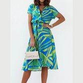 Printed Button Front Midi Dress with Belt