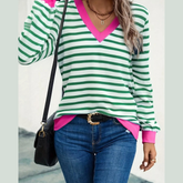 Striped V-Neck Long Sleeve T-Shirt