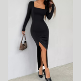 Square Neck Long Sleeve Slit Bodycon Maxi Dress