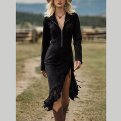 Full Size Fringe Hem Zip Front Bodycon Dress Plus Size