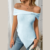 Ribbed Off-Shoulder Asymmetrical Hem T-Shirt