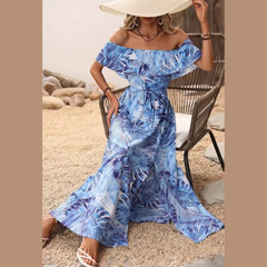 Ruffled Printed Off Shoulder Maxi Dress