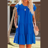 Trendy Ruffled Round Neck Cap Sleeve Mini Dress