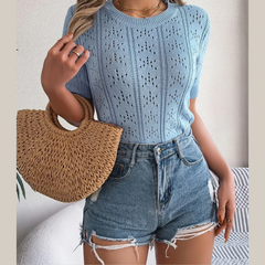 Openwork Round Neck Short Sleeve Knit Top