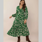 Plus Size Botanical Print Long Sleeve Midi Dress