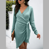 Surplice Long Sleeve Side Tie Dress