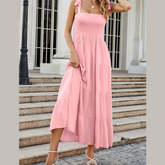 Tie-Shoulder Smocked Tiered Dress