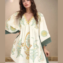 Printed V-Neck Kimono Sleeve Mini Dress