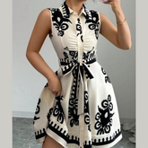 Printed Sleeveless Tie Waist Mini Dress