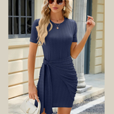 Ruched Tied Round Neck Mini Dress